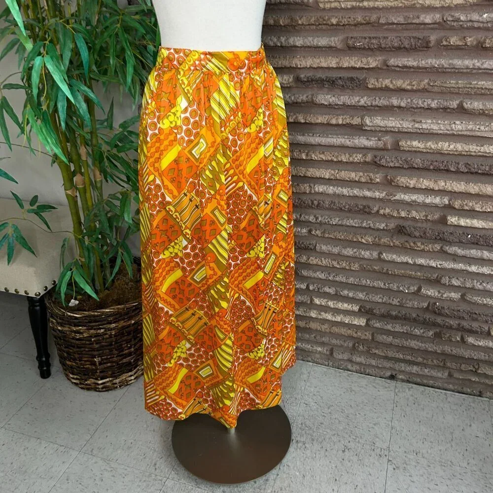 Vintage 60s 70s Pop Art Orange Yellow Geometric Nylon Maxi Skirt